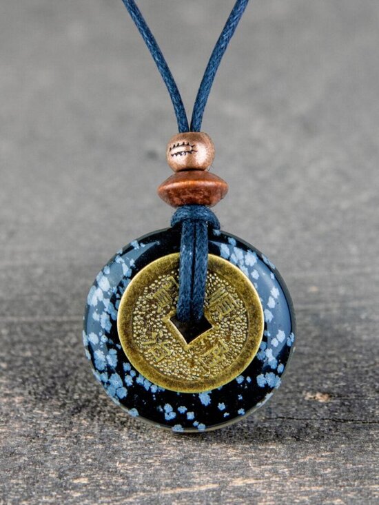 Artisan Jewelry - Snowflake Obsidian & Chinese Lucky Coin Necklace | Handmade